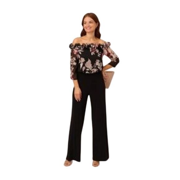 Adrianna Papell Womens Floral Bodice Mixed Media Jumpsuit Black Multi Size 4 NWT - Picture 1 of 13